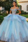 Sky Blue Tulle Off the Shoulder Princess Quinceanera Dress with Lace Appliques