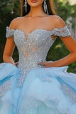 Sky Blue Tulle Off the Shoulder Princess Quinceanera Dress with Lace Appliques