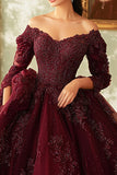 Burgundy Strapless Lace Applique Tulle Quinceanera Dress with 3/4 Sleeves