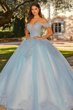 Glamorous Sky Blue Off the Shoulder Tulle Lace Applique Quinceanera Dress