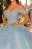 Glamorous Sky Blue Off the Shoulder Tulle Lace Applique Quinceanera Dress