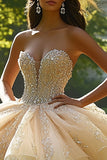 Unique Champagne Sweetheart Tulle Applique Quinceanera Dress