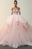 Princess Pink Ball Gown Strapless Ruffles Appliques Tulle Quinceanera Dress with Detachable Sleeves