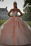 Sparkly Pink Ball Gown Strapless Sequins Ruffles Quinceanera Dress