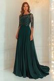 Chiffon Lace Dark Green Mother Of The Bride Dress with 3/4 Sleeves