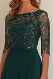 Chiffon Lace Dark Green Mother Of The Bride Dress with 3/4 Sleeves