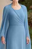 Black Tie Dusty Blue A-Line Scoop Chiffon Long Mother of the Bride Dress with Long Sleeves