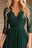 Elegant Dark Green A-Line V-neck Chiffon Long Mother of the Bride Dress with Lace Appliques