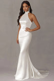 Simple Ivory Halter Mermaid Satin Wedding Dress