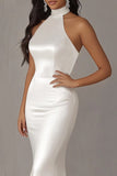 Simple Ivory Halter Mermaid Satin Wedding Dress