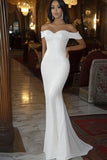 Sequined Mermaid Sweep Train Off the Shoulder White Wedding Dress