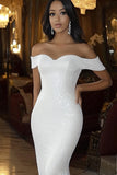 Sequined Mermaid Sweep Train Off the Shoulder White Wedding Dress