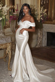 White Satin Off the Shoulder Mermaid Wedding Dress with Detachable Train