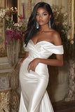 White Satin Off the Shoulder Mermaid Wedding Dress with Detachable Train