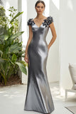 Dark Grey 3D Flower Metallic Satin Sheath V Neck Formal Dress