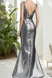 Dark Grey 3D Flower Metallic Satin Sheath V Neck Formal Dress