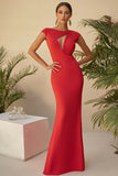 Stretch Satin Red Column Scoop Neck Cap Sleeves Formal Dress