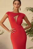 Stretch Satin Red Column Scoop Neck Cap Sleeves Formal Dress