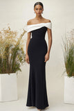 Matte Satin Off the Shoulder Black Column Formal Dress