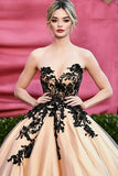 Champagne Ball Gown Satin Sweetheart Red Carpet Dress with Lace Appliques