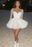 Lace Sweetheart A Line White Mini Dress with Long Sleeves