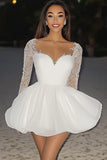 Lace Sweetheart A Line White Mini Dress with Long Sleeves