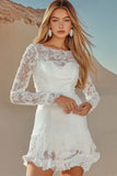 Delicate White Lace A Line Boat Neck Long Sleeve Mini Dress