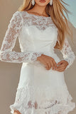 Delicate White Lace A Line Boat Neck Long Sleeve Mini Dress