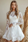 Lace A Line White Mini Dress with Long Sleeves