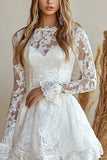 Lace A Line White Mini Dress with Long Sleeves