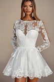 Elegant White A Line Boat Neck Lace Mini Dress with Long Sleeves