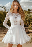 White Lace A Line Boat Neck Long Sleeve Mini Dress