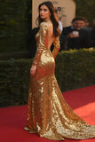 Sparkly Golden Sheath Deep V Neck Backless Gala Dress with Long Sleeves