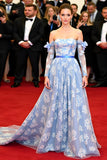 A Line Blue Flower Off the Shoulder Gala Dress with Illusion Long Sleeves