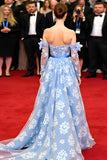 A Line Blue Flower Off the Shoulder Gala Dress with Illusion Long Sleeves