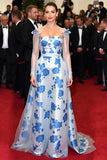 Elegant Blue Flower A Line Off the Shoulder Gala Dress with Long Illusion Sleeves