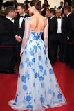 Elegant Blue Flower A Line Off the Shoulder Gala Dress with Long Illusion Sleeves