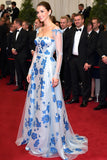 Elegant Blue Flower A Line Off the Shoulder Gala Dress with Long Illusion Sleeves