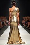 Golden Sheath One Shoulder Flutter Sleeve Gala Dress with Slit