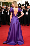 Dark Purple Deep V-Neck Satin A Line Gala Dress with Puff Sleeves