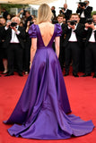 Dark Purple Deep V-Neck Satin A Line Gala Dress with Puff Sleeves