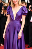 Dark Purple Deep V-Neck Satin A Line Gala Dress with Puff Sleeves