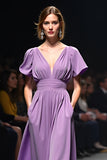 Purple A Line V Neck Short Sleeve Gala Dress