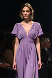 Purple A Line V Neck Short Sleeve Gala Dress