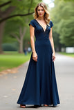 Navy A Line Beaded Deep V Neck Short Sleeve Formal Dress