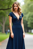 Navy A Line Beaded Deep V Neck Short Sleeve Formal Dress