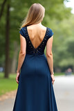 Navy A Line Beaded Deep V Neck Short Sleeve Formal Dress