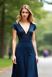 Navy A Line Beaded Deep V Neck Short Sleeve Formal Dress