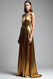 Golden A Line Deep V-Neck Backless Ruched Prom Dress