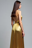 Golden A Line Deep V-Neck Backless Ruched Prom Dress